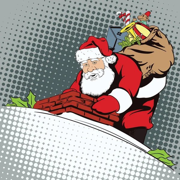 Père Noël avec un sac de cadeaux grimpe dans le tuyau — Image vectorielle
