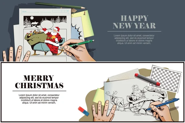 Santa Claus near magical sleigh. Hand paints picture. — Stock vektor