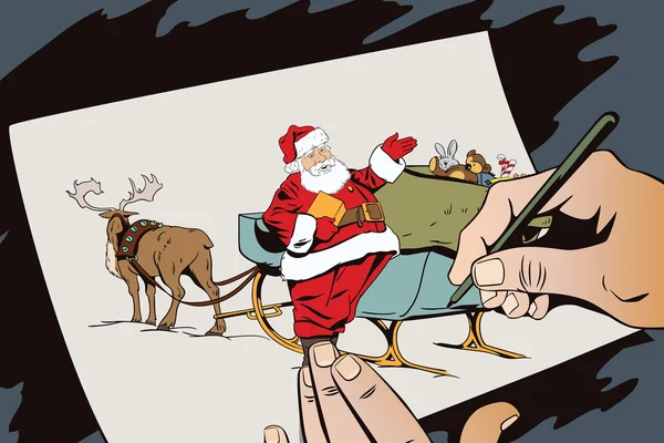 Santa Claus in de buurt van magische slee. Hand verven foto. — Stockvector