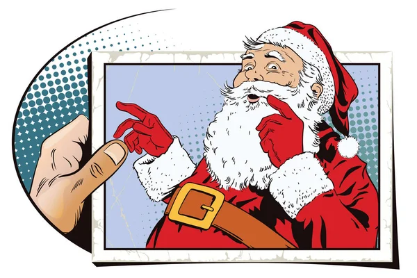 Santa Claus s vítaným gestem. Ruka s fotkou. — Stockový vektor