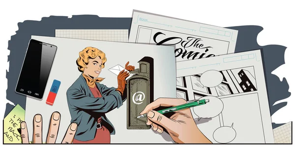 Οι άνθρωποι σε στυλ ρετρό. Κορίτσι βάζει επιστολή στο γραμματοκιβώτιο. — Διανυσματικό Αρχείο