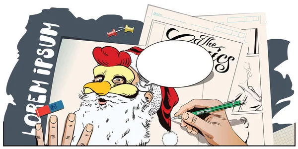 圣诞老人在公鸡面具。年的象征。星座运势 — 图库矢量图片