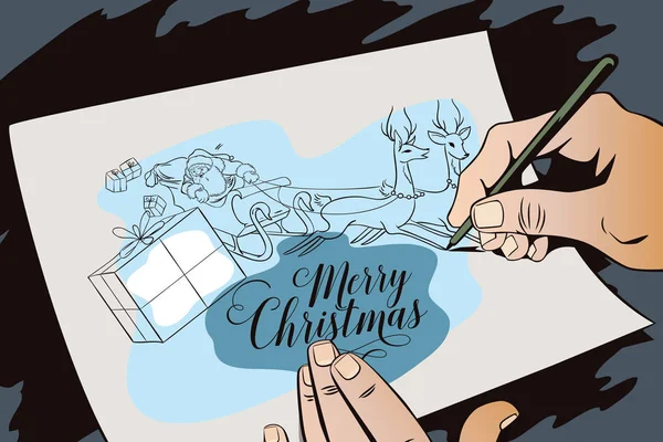 Le Père Noël jette des cadeaux du traîneau. Cadeaux de Noël . — Image vectorielle