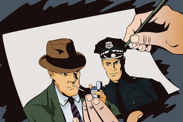 Homme avec cigarette et policier. Peintures à la main tableau . — Image vectorielle