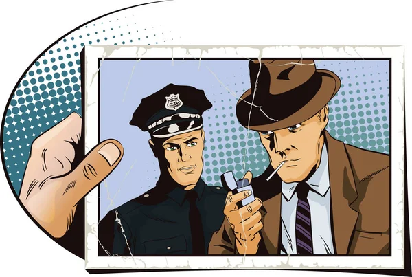 Человек с сигаретой и полицейский. Рука с фото . — стоковый вектор