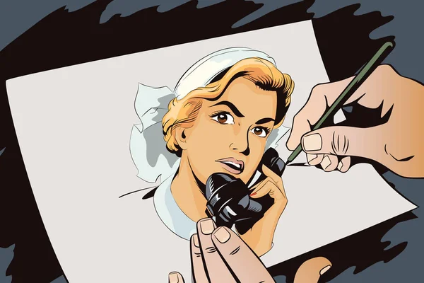 Retrato de enfermera usando teléfono vintage . — Archivo Imágenes Vectoriales