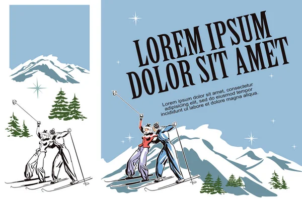 Skifahrer auf Skigebiet. Illustration im Retro-Stil der Werbung — Stockvektor