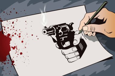 Hand paints picture. Weapon in hand. Painted gun shoots. clipart