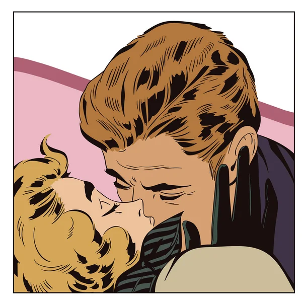 Una pareja cariñosa besándose. Gente en estilo retro pop art . — Archivo Imágenes Vectoriales