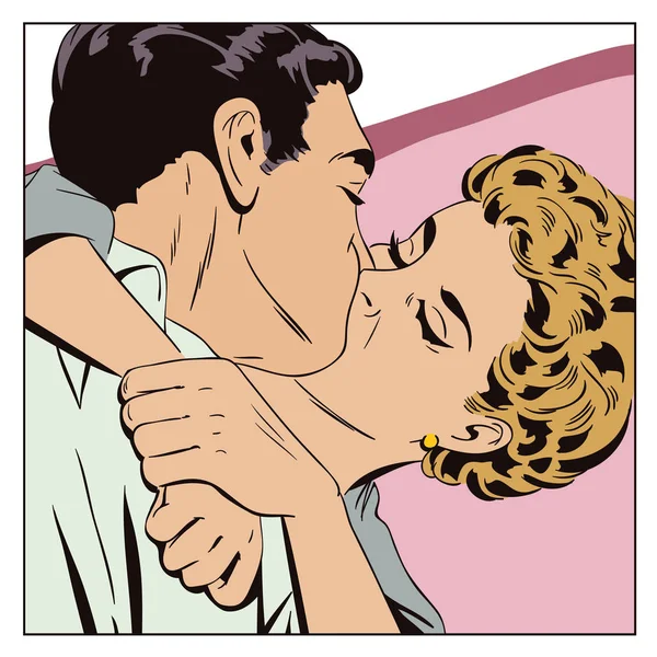 Loving couple kissing. People in retro style pop art. — Stock Vector