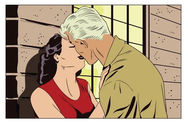 Älskande par kyssar. Människor i retro stil pop art. — Stock vektor