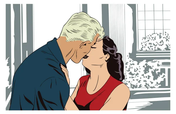 Loving couple kissing. People in retro style pop art.