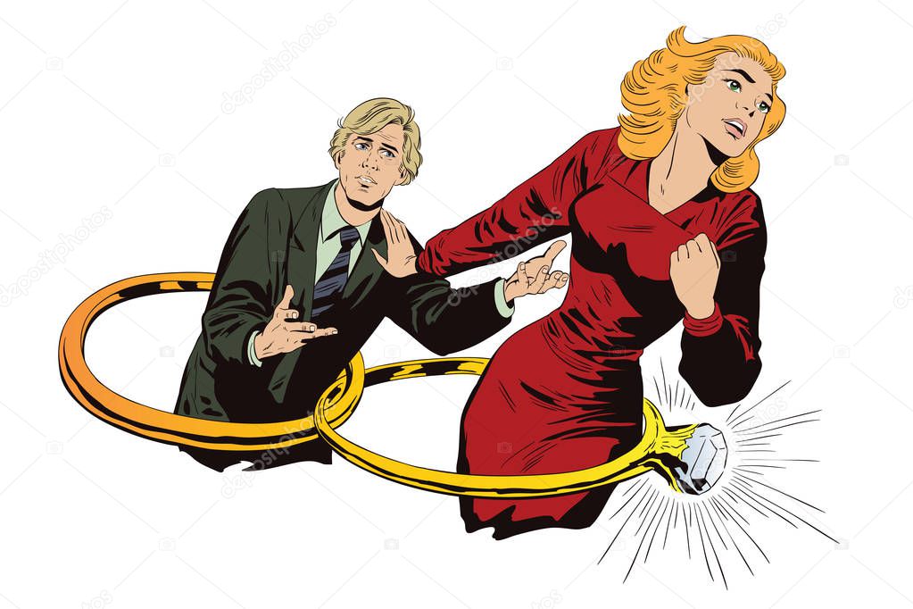 Girl refuses to marry guy. Stock illustration. People in retro s