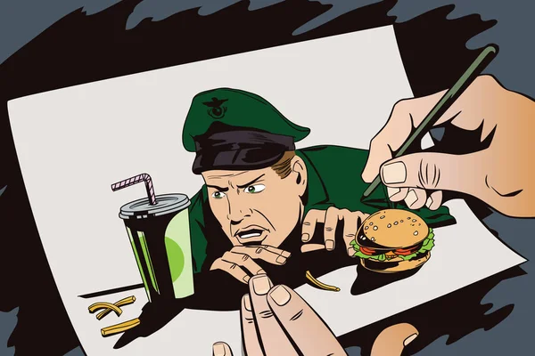 En hungrig man i uniform ser på mat. Lager illustration. Peopl — Stock vektor