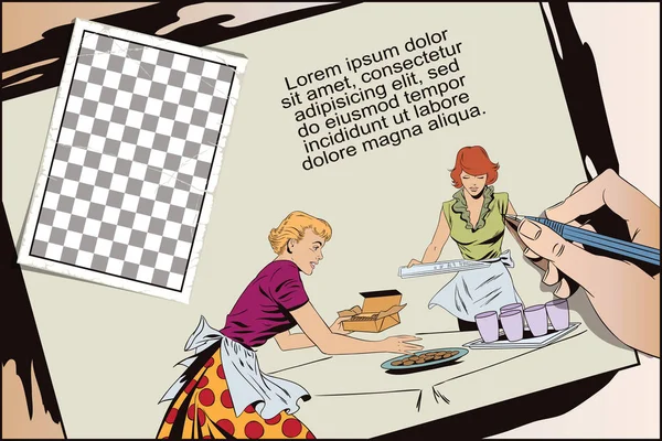 Les filles dans la cuisine servent la table. Illustration. Personnes dans — Image vectorielle