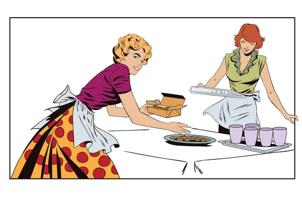 Le ragazze in cucina servono il tavolo. Illustrazione delle azioni. Persone in — Vettoriale Stock