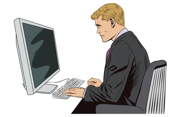 Empresario trabajando en la computadora. Ilustración general . — Vector de stock