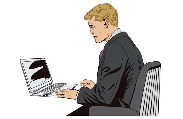 Бізнесмен працює на ноутбуці. Стокова ілюстрація . — стоковий вектор