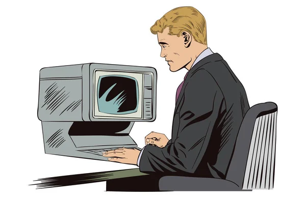 Empresario trabajando en una vieja computadora. Ilustración general . — Archivo Imágenes Vectoriales