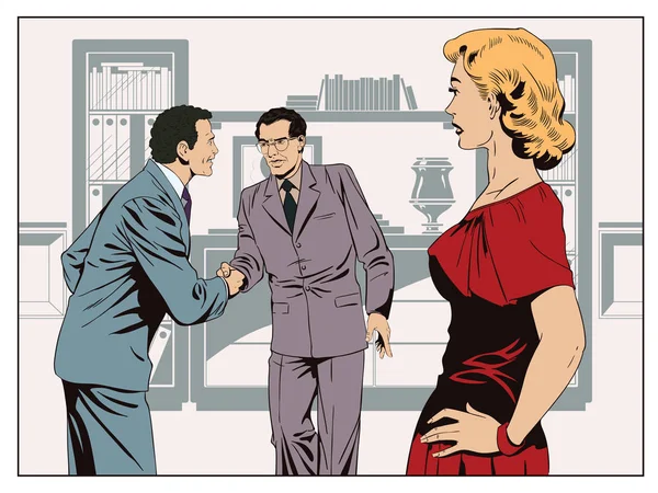 La chica mira a dos hombres de negocios dándose la mano. Ilustración general — Archivo Imágenes Vectoriales