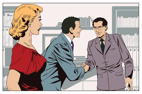 Девушка смотрит на двух бизнесменов, пожимающих друг другу руки. Иллюстрация — стоковый вектор