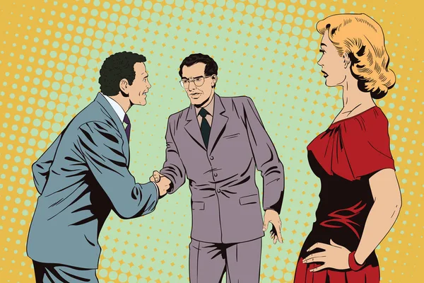 Девушка смотрит на двух бизнесменов, пожимающих друг другу руки. Иллюстрация — стоковый вектор