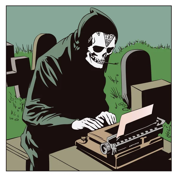 Död skriver ut på en skrivmaskin. Illustration i retrostil. — Stock vektor