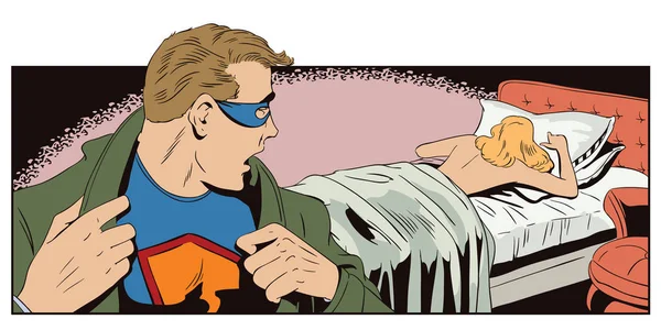 Superhéroe mira hacia atrás para la mujer dormida. Ilustración general . — Archivo Imágenes Vectoriales