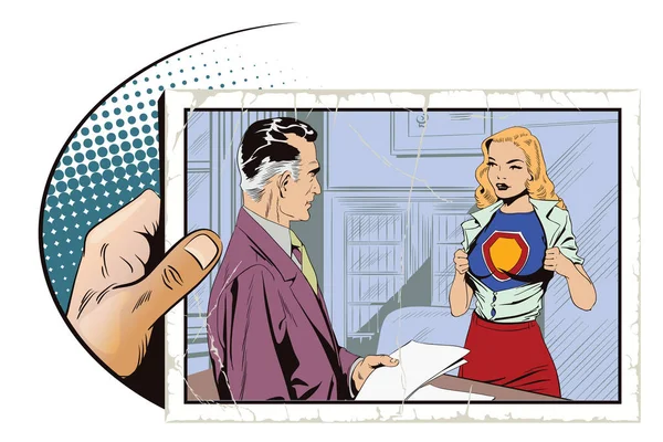 Ein Geschäftsmann gibt einem Mädchen im Superheldenkostüm einen Auftrag — Stockvektor