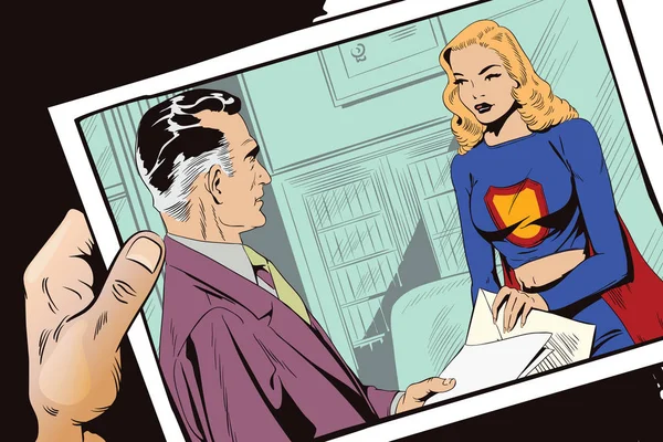 Un uomo d'affari dà un incarico a una ragazza in un costume da supereroe — Vettoriale Stock