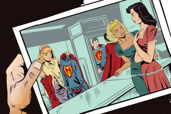 Kvinna köper en superhjälte kostym i store. Stock illustration. — Stock vektor
