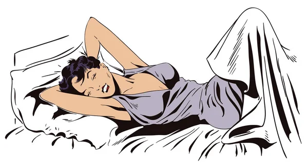 Жінка розтягується в ліжку. Люди в ретро-стилі . — стоковий вектор