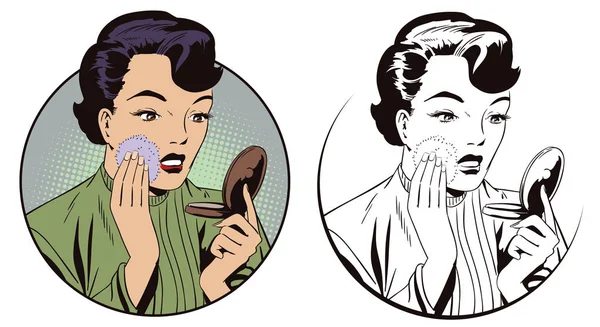 Girl doing makeup. People in retro style. — Stock Vector