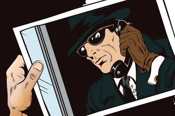 Spy with antique phone. Stock illustration.