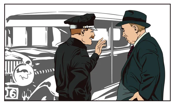 Ντετέκτιβ και αστυνομικός κοντά σε ένα παλαιό αυτοκίνητο. Εικόνα μετοχής. — Διανυσματικό Αρχείο