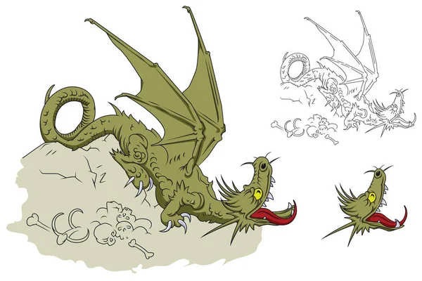 Dragon sur un tas d'os. Illustration de stock . — Image vectorielle