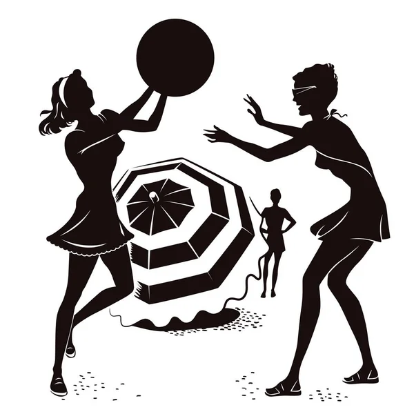 As meninas jogam bola na praia. Pessoas em estilo retro . — Vetor de Stock