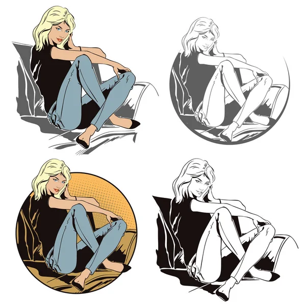 Beautiful young woman sitting on couch. Stock illustration. — Stock Vector