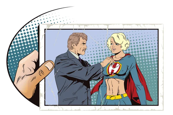 Mooi meisje superhero bekroond met een medaille. Stock Illustratie. — Stockvector