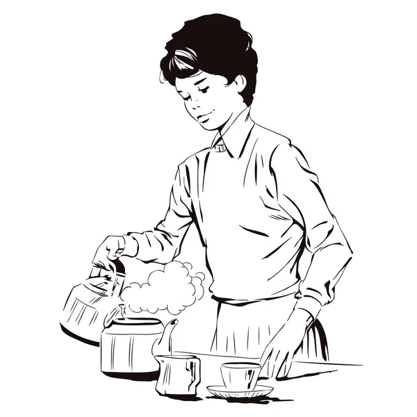 Meisje is het maken van ontbijt. Stock Illustratie. — Stockvector
