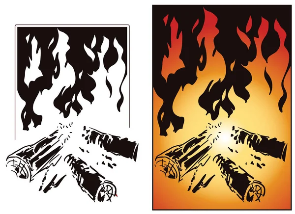 Brandhout en vlam van vuur. — Stockvector