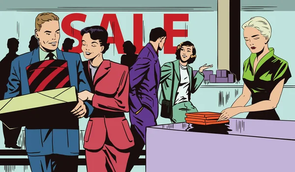People on sale in store. Stock illustration.