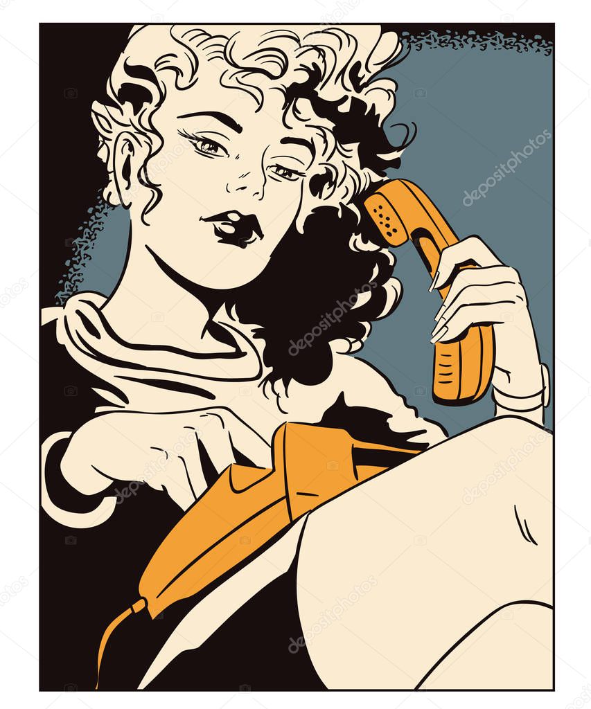 Girl with telephone. Stock illustration.