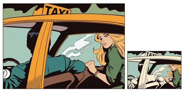 Een jonge vrouw krijgt in taxi. — Stockvector