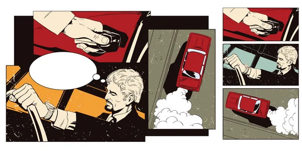 Collage sur le thème transport et route. Homme au volant de la voiture . — Image vectorielle