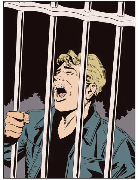 Hane i fängelse. Man är bakom galler för fängelse. Stock illustration. — Stock vektor