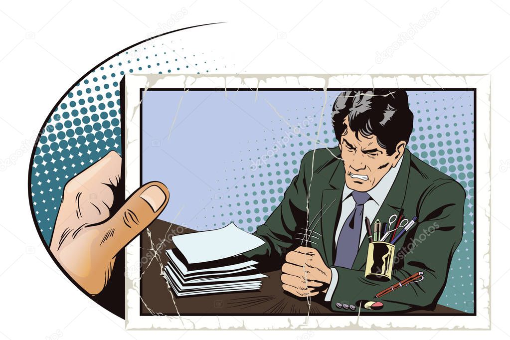Angry businessman knocks on table with his fist. Stock illustrat
