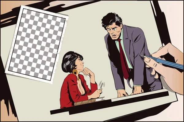La femme flirte avec un mec au travail. Illustration. Les gens — Image vectorielle