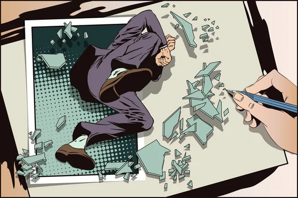 Mannen hoppar och bryter fönster. Att vara fri. Stock illustration. — Stock vektor