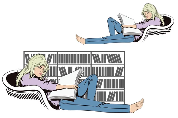 Dívka sedí v křesle a čtení knih. Skladem ilustrace. — Stockový vektor